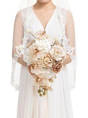 Cascading Brown Bridal Bouquet - 13" Tawny Beige Floral Arrangement for Weddings